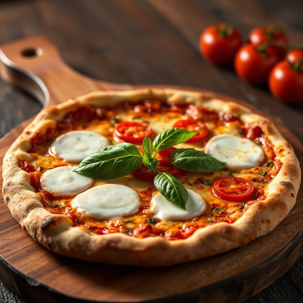 Artisanal Salvatore pizza with melted mozzarella, fresh basil, and San Marzano tomatoes on a rustic wooden board, dramatically lit with warm golden lighting highlighting the crispy crust texture and bubbling cheese