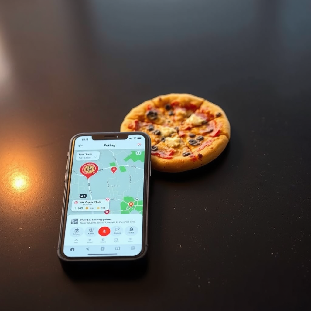 Modern pizza delivery technology showing a smartphone with pizza ordering app interface, GPS tracking map, and contactless payment options displayed on a sleek dark surface with warm lighting highlighting the technological innovation in food delivery