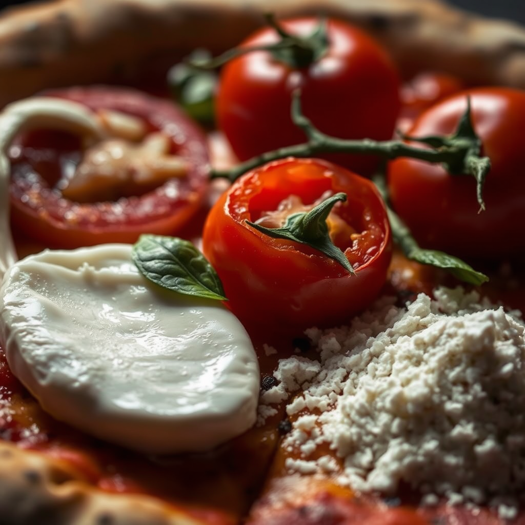 Close-up of artisanal pizza ingredients including fresh mozzarella, San Marzano tomatoes, and premium flour with dramatic chiaroscuro lighting highlighting the textures and quality of ingredients used in Canadian pizza delivery operations