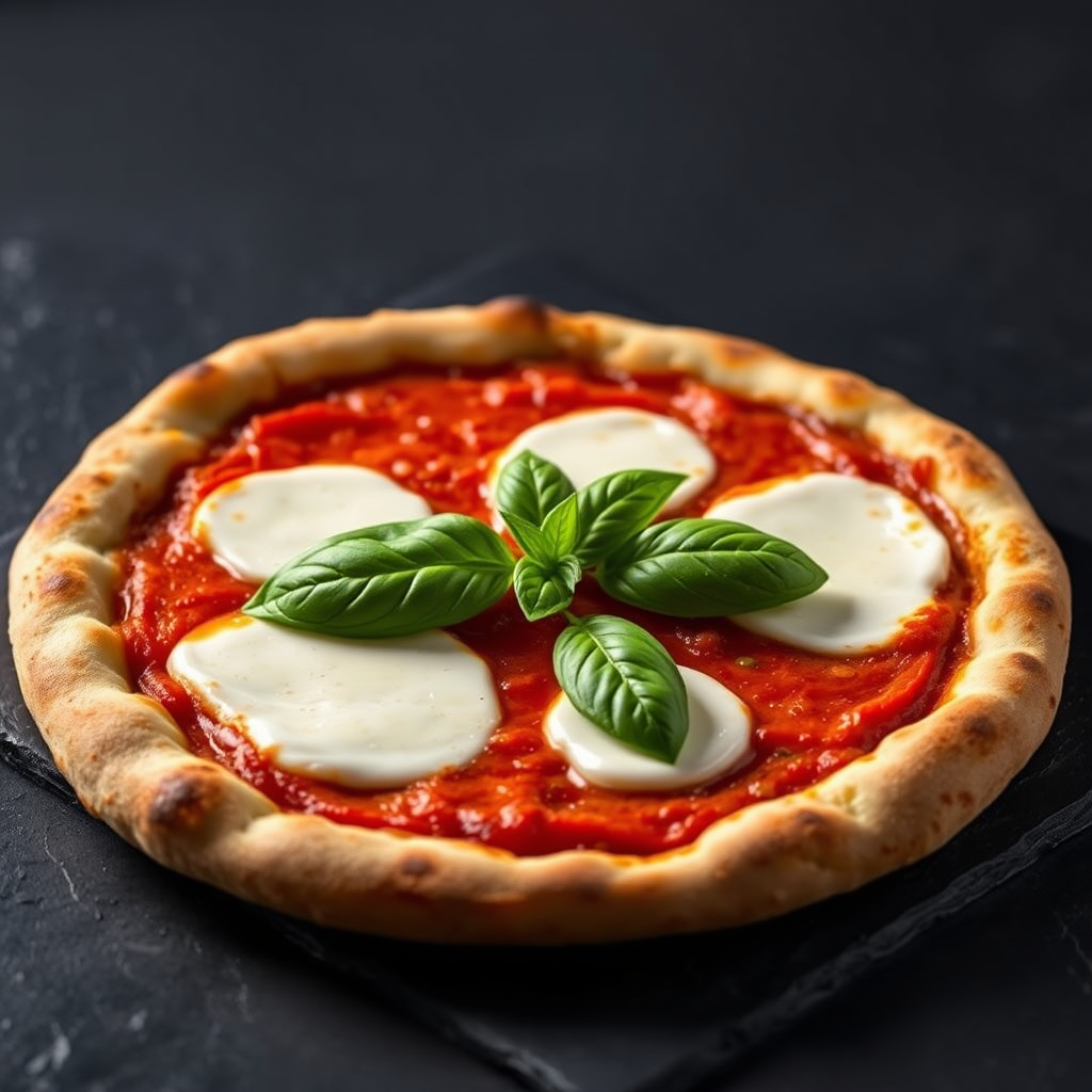 Classic Margherita pizza with fresh mozzarella di bufala, vibrant red San Marzano tomato sauce, and fresh basil leaves, photographed with dramatic lighting on dark slate