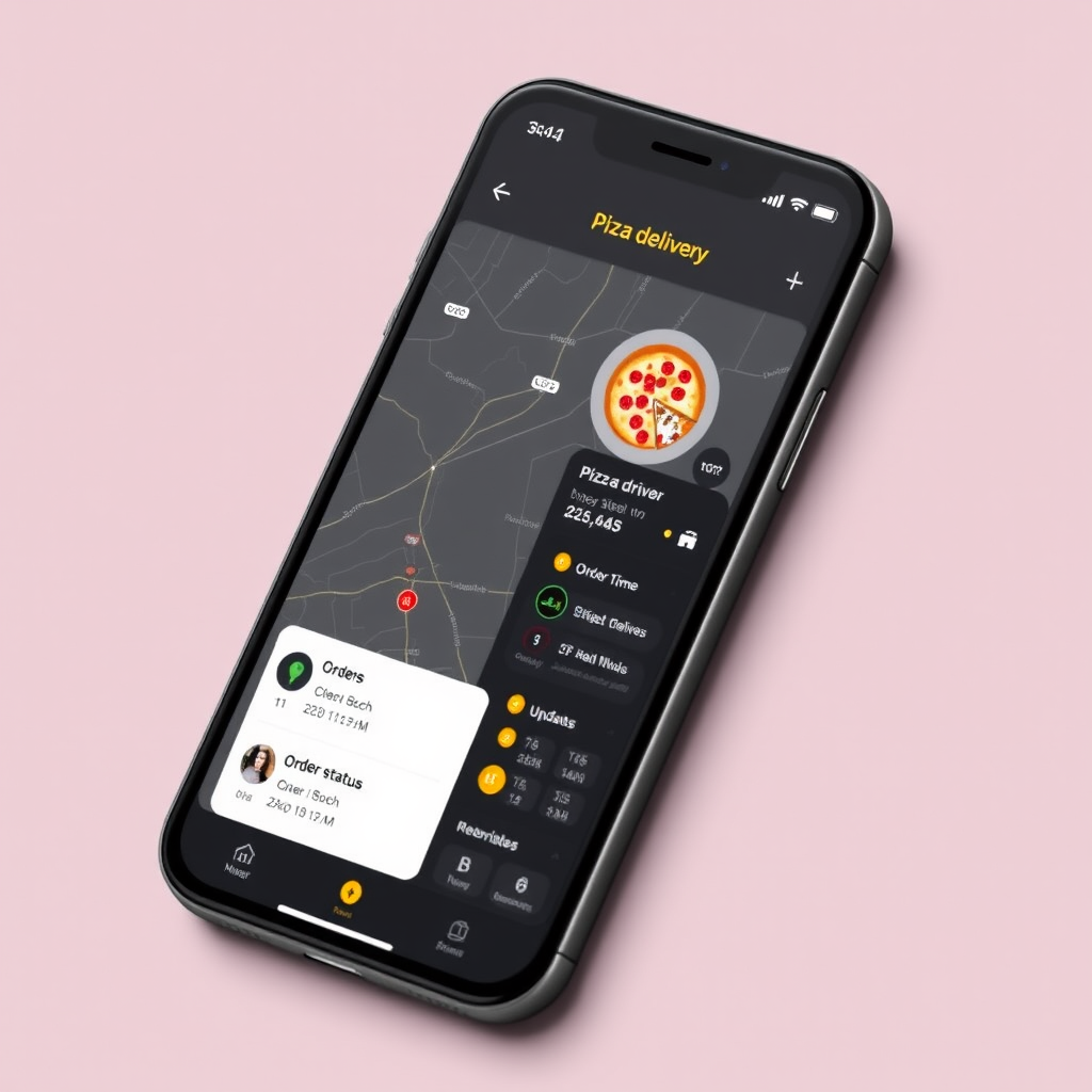 Smartphone screen displaying a pizza delivery tracking interface with GPS map showing delivery driver location, estimated arrival time, and order status updates in a modern app design with dark theme and gold accents