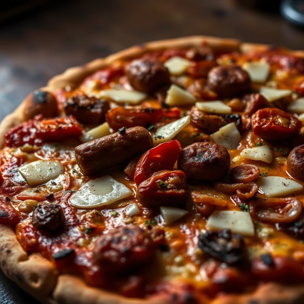 Salvatore Suprema pizza topped with Italian sausage, roasted peppers, caramelized onions, and aged Parmigiano-Reggiano, captured with moody lighting emphasizing the rich toppings