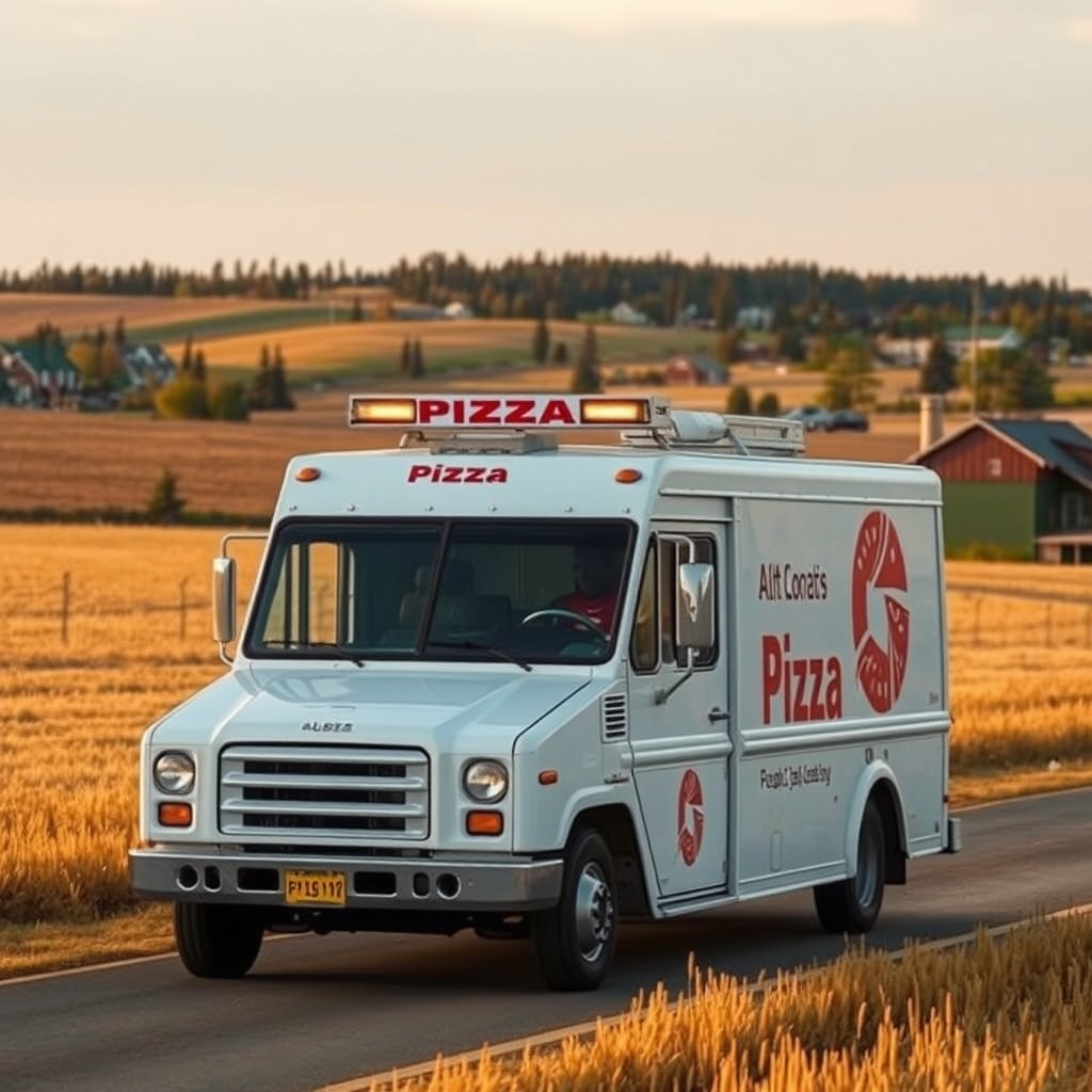 Pizza delivery truck navigating through rural Alberta countryside with golden wheat fields and small town buildings in background, warm evening lighting