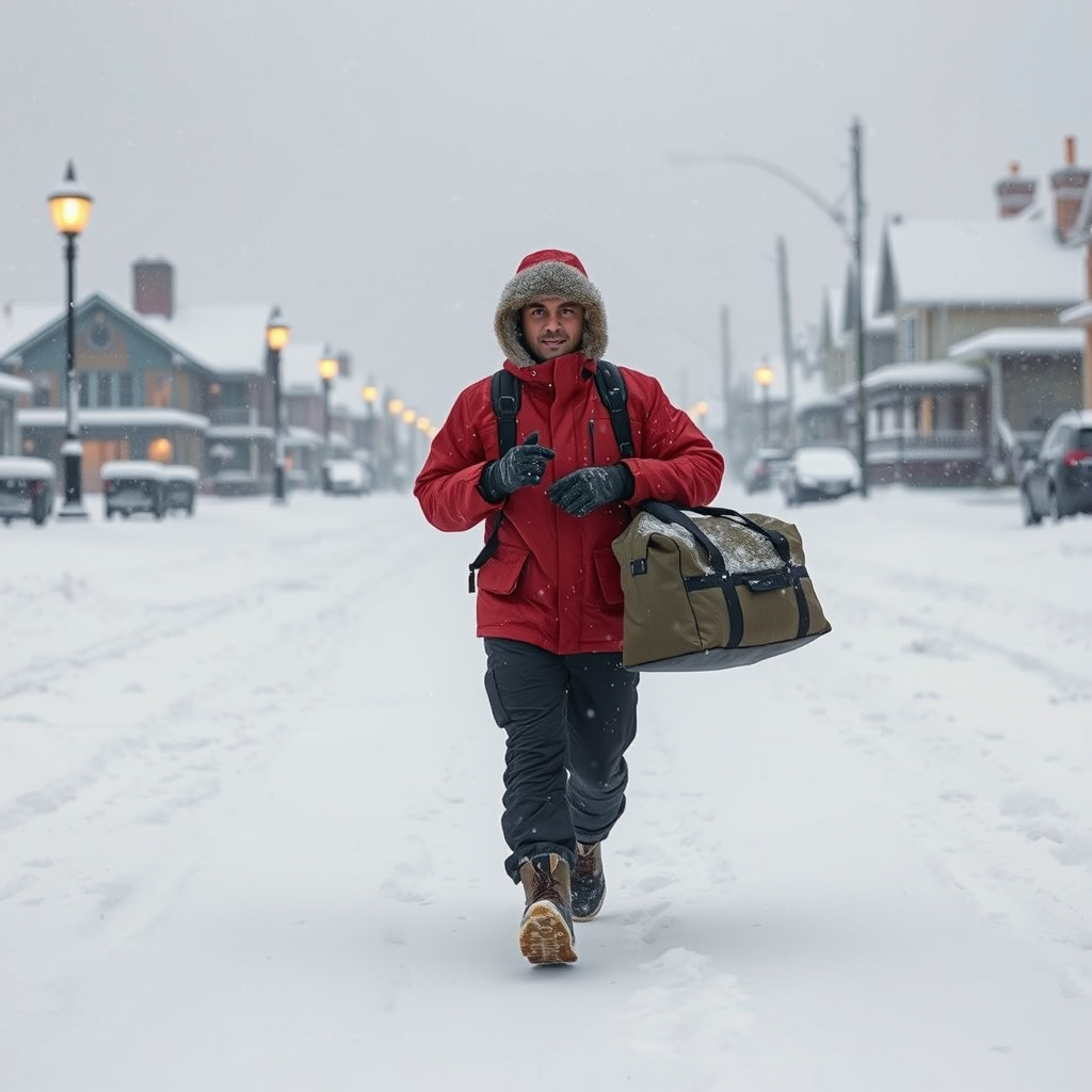 Pizza delivery driver in winter gear walking through heavy snow carrying insulated delivery bag, Canadian winter landscape with snow-covered houses and streetlights