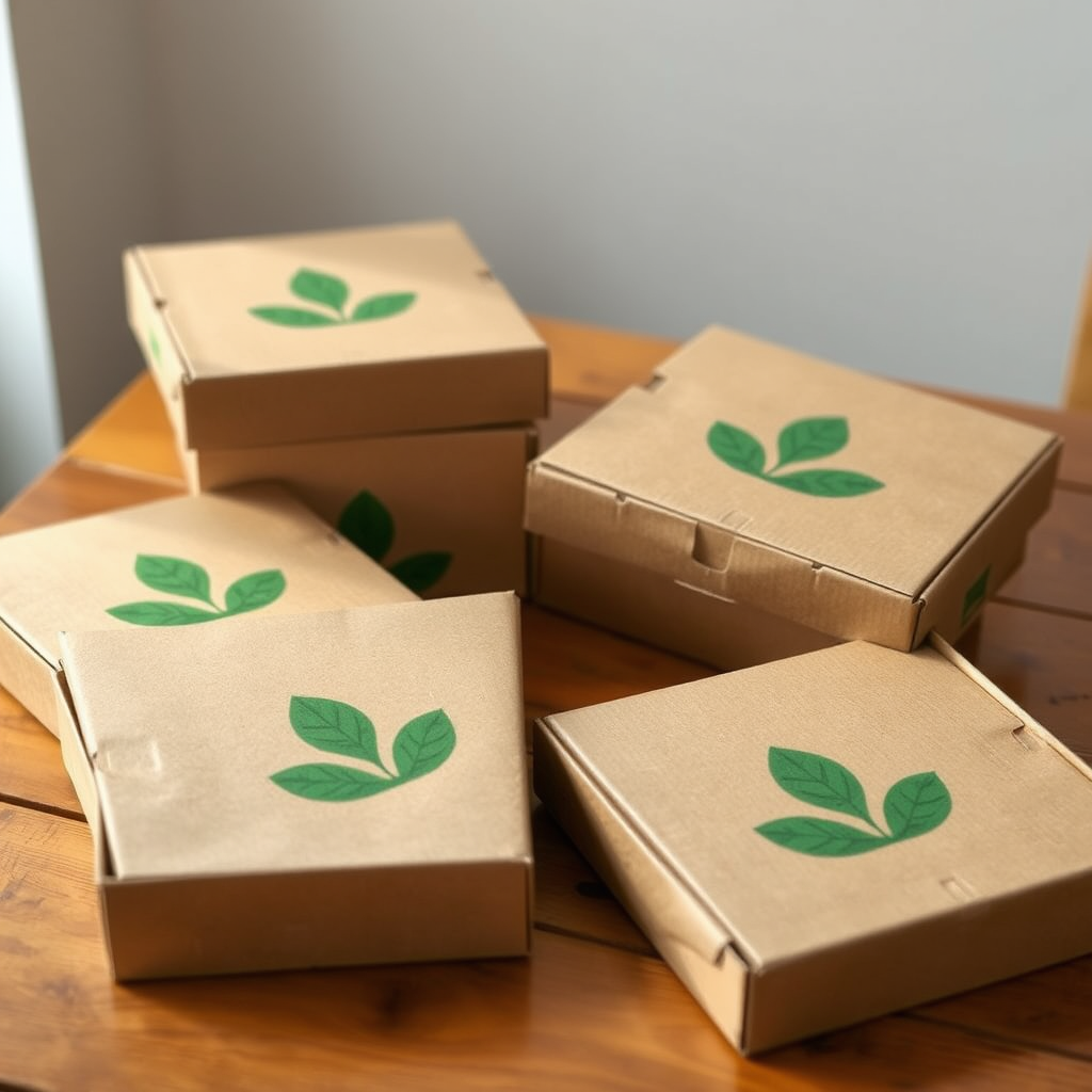 Eco-friendly pizza delivery boxes made from recycled cardboard with green leaf symbols, arranged on wooden table with natural lighting highlighting sustainable packaging materials